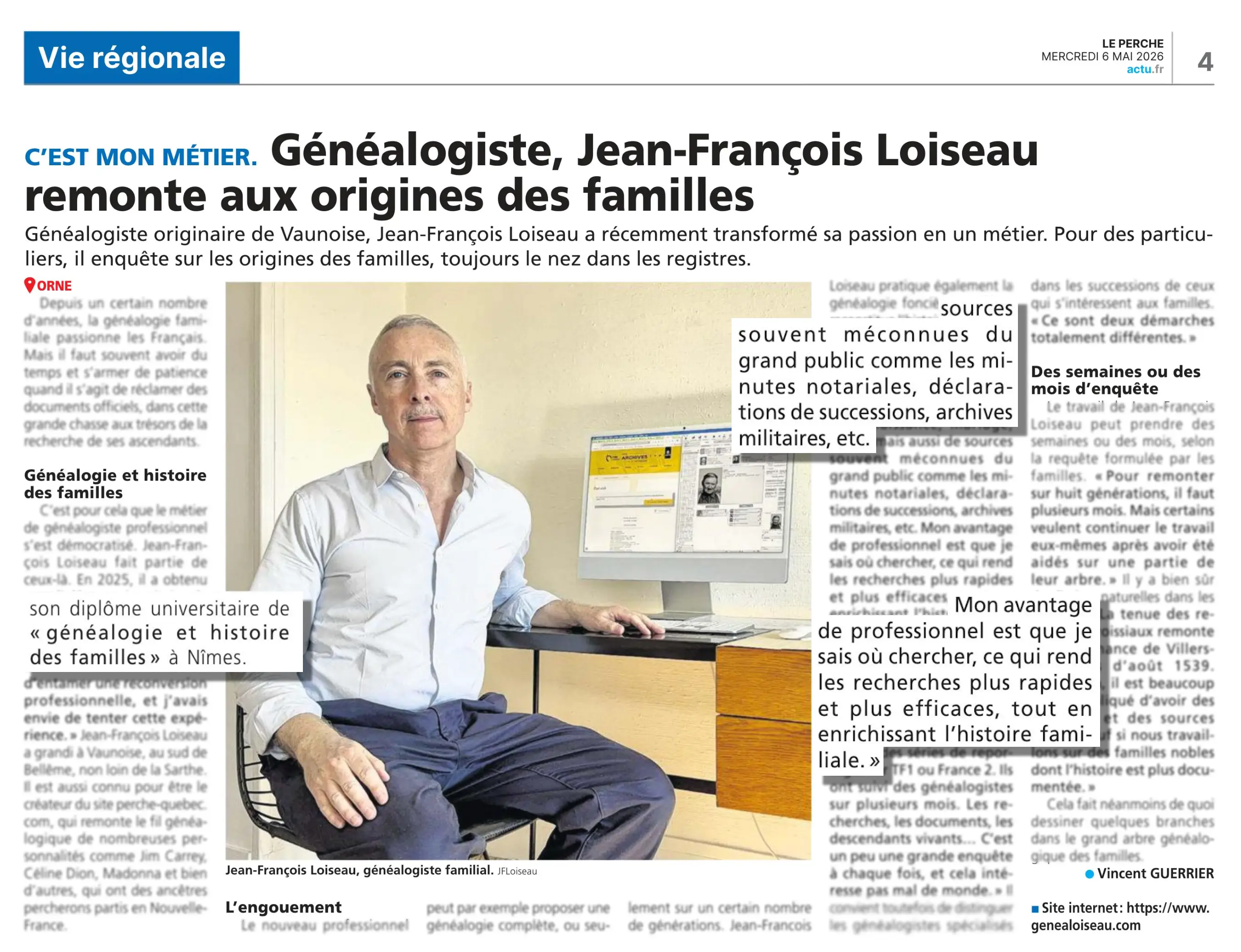Généalogiste, Jean-François loiseau remonte aux origines des familles - Article publié le 4 mai 2026 dans Le Perche