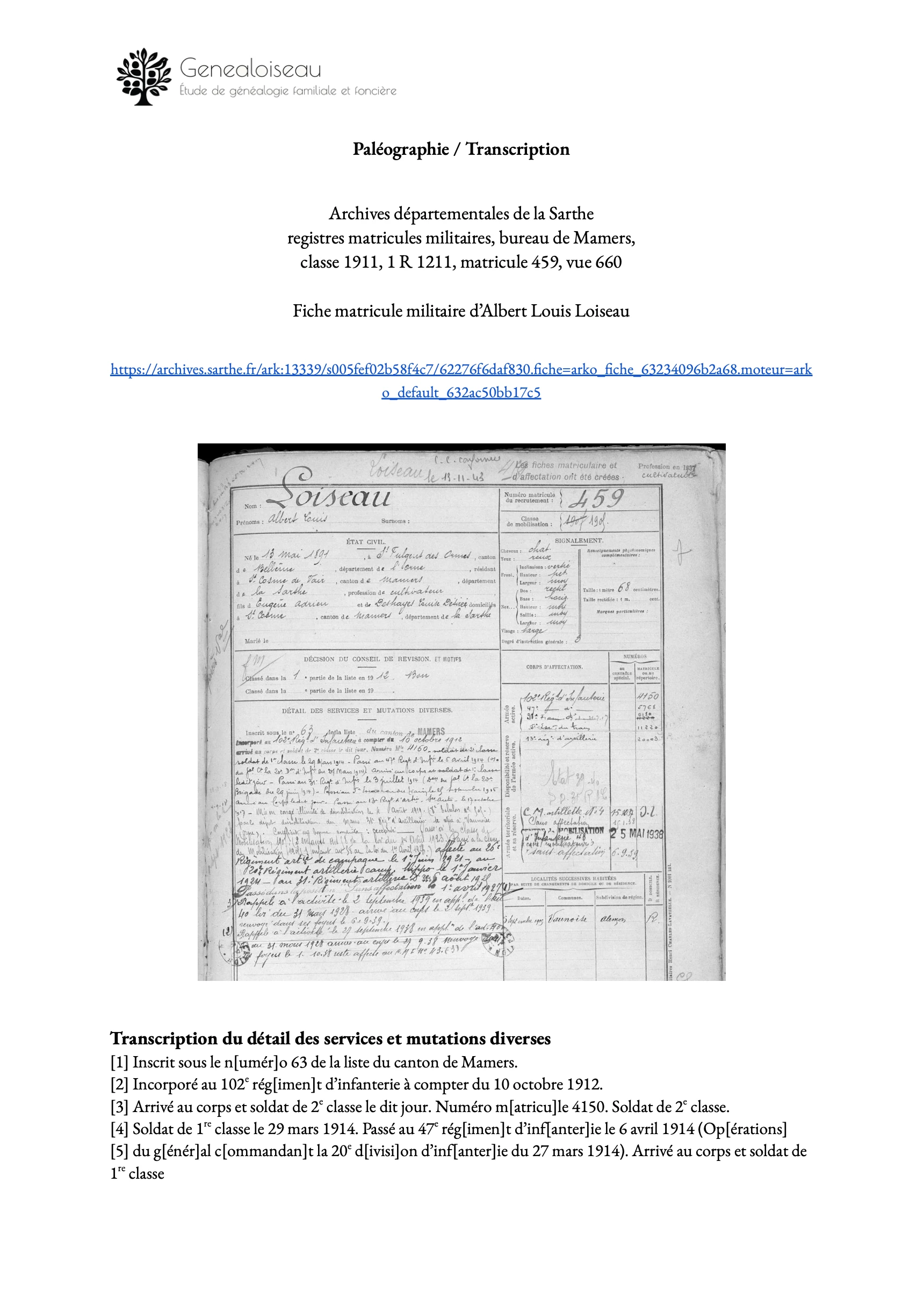 Transcription d'une fiche matricule militaire